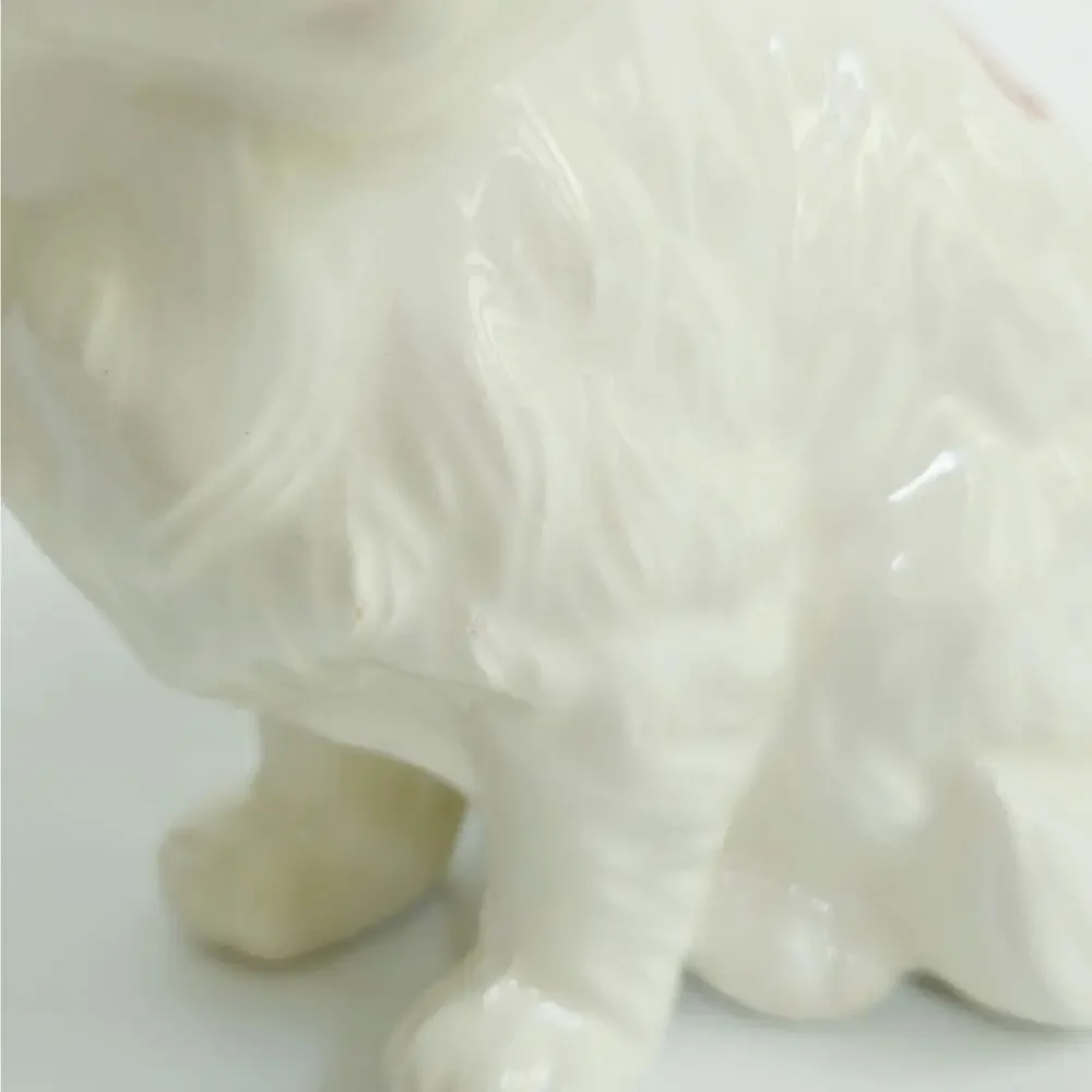 Vintage White Longhair Cat Figurine | Hand Painted Floral Ceramic Kitty Statue